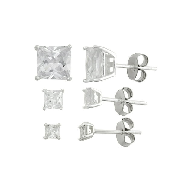 Solid 925 Sterling Silver Cubic Zirconia CZ Pave Black Enamel Square Post Studs Earrings 8mm x 8mm 
